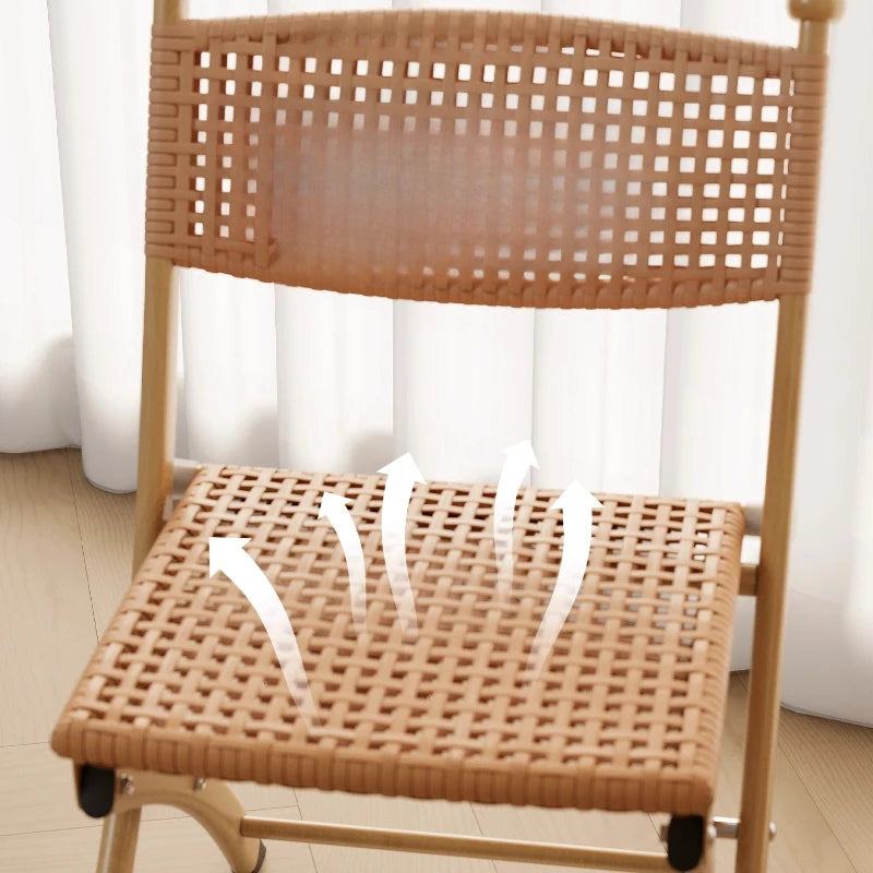 Foldable Rattan Chair Patio Armchair for Elderly, Portable Camping Stool with Back Support