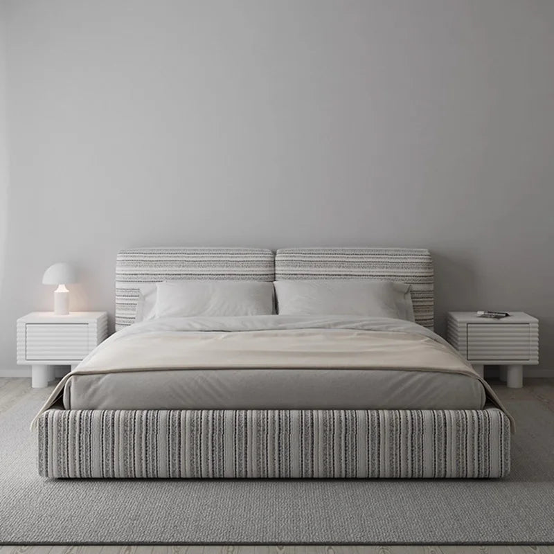 Fabric Striped Bed Square Minimalist Soft Bed Bedroom Furniture Customizable