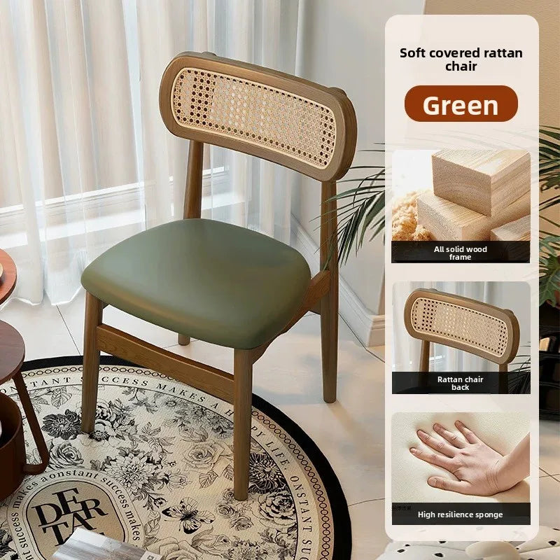 Solid wood dining table and chair backrest retro rattan French dining chair medieval casual home chair