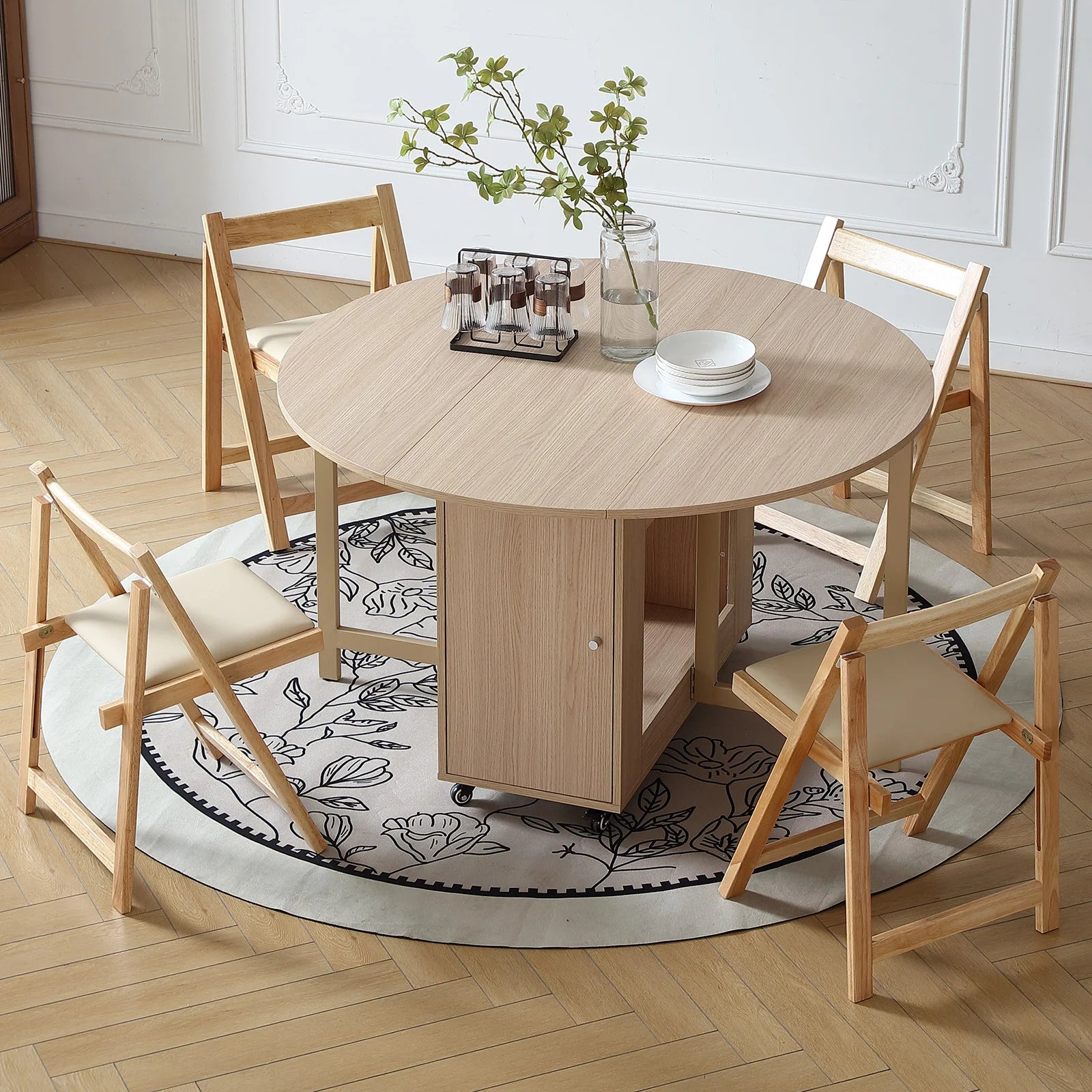 Fashion Folding Round  Dining Table Furniture Multifunctional Movable Dining Table with Folding Chairs