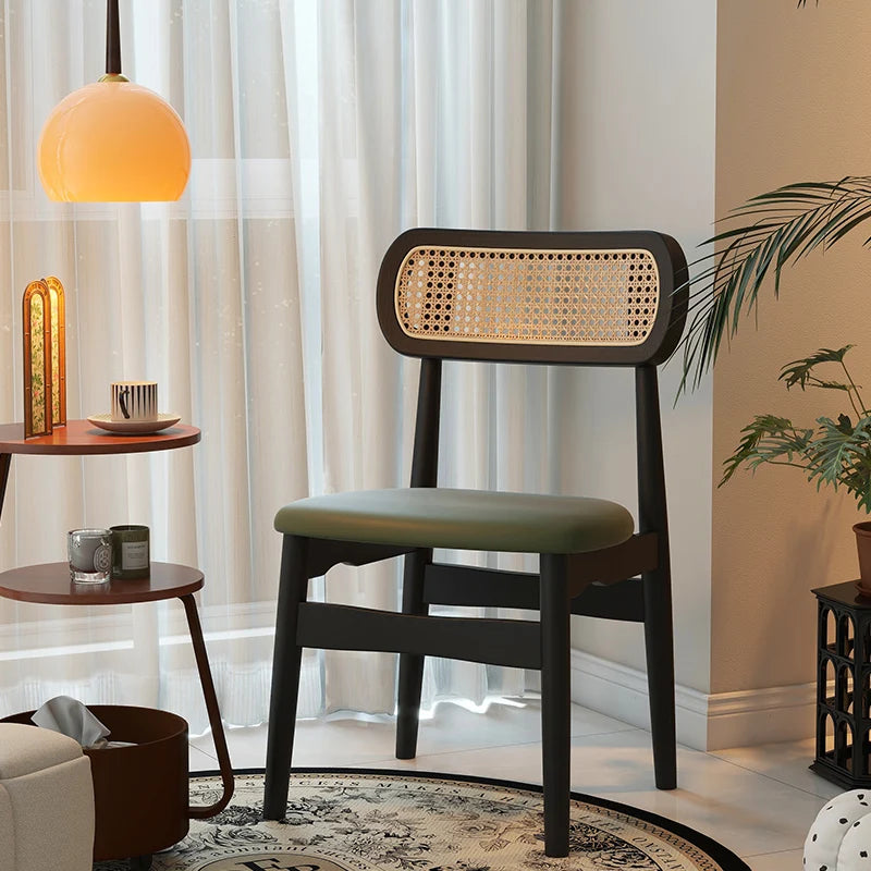 Solid wood dining table and chair backrest retro rattan French dining chair medieval casual home chair