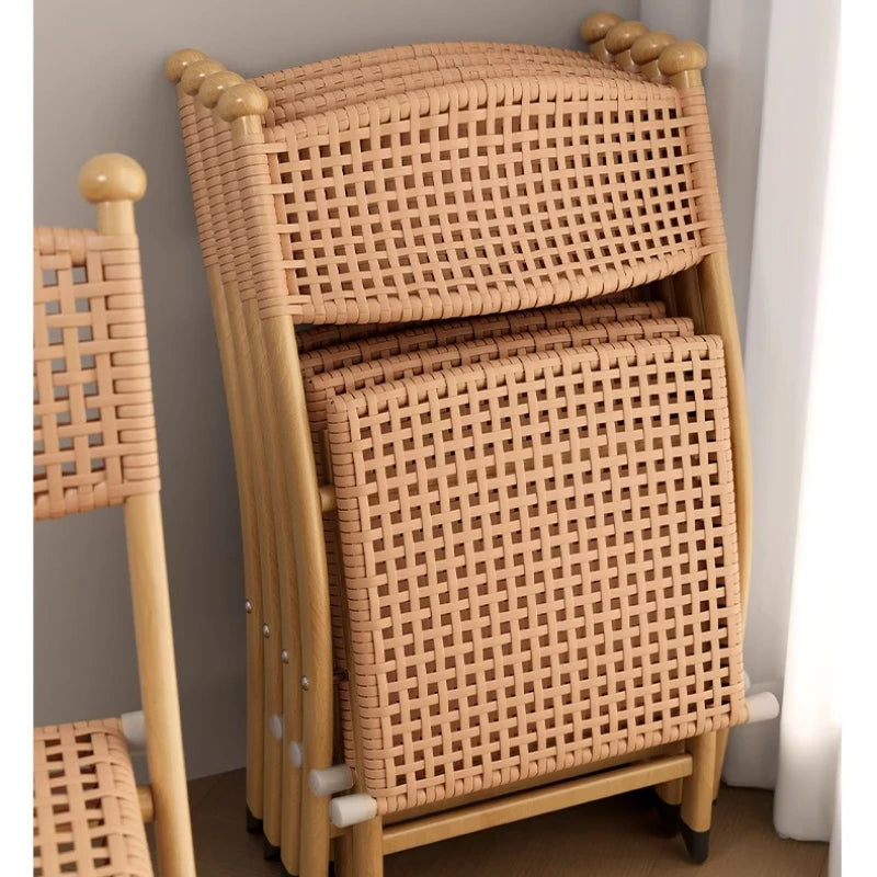 Foldable Rattan Chair Patio Armchair for Elderly, Portable Camping Stool with Back Support