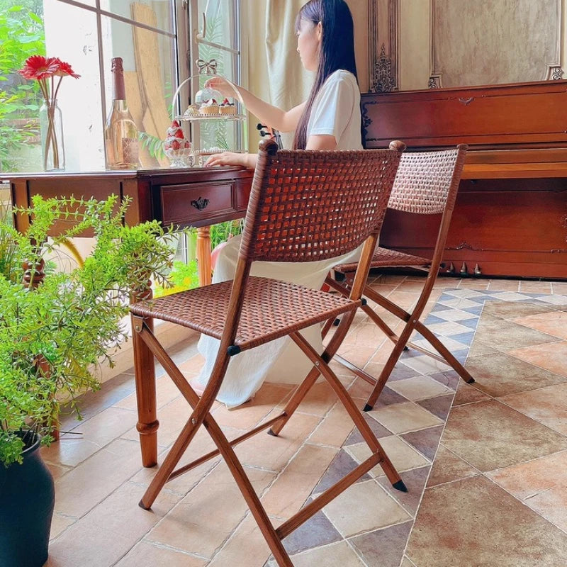 Foldable Rattan Chair Patio Armchair for Elderly, Portable Camping Stool with Back Support