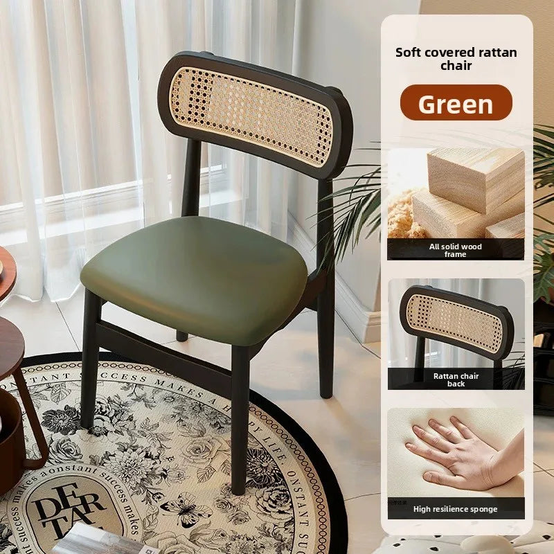 Solid wood dining table and chair backrest retro rattan French dining chair medieval casual home chair