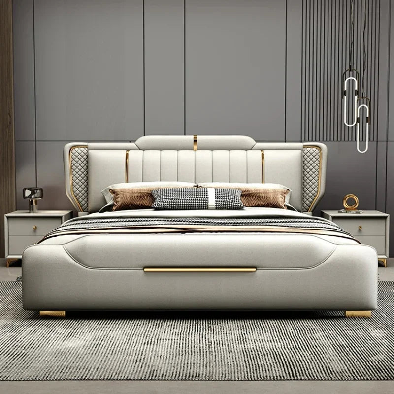 Double Full Size Bed Frame Whitr Large Modern Design Headboard Bed Queen Bedroom Luxury
