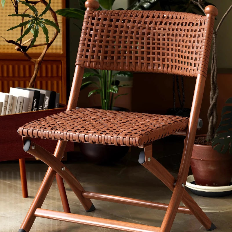 Foldable Rattan Chair Patio Armchair for Elderly, Portable Camping Stool with Back Support