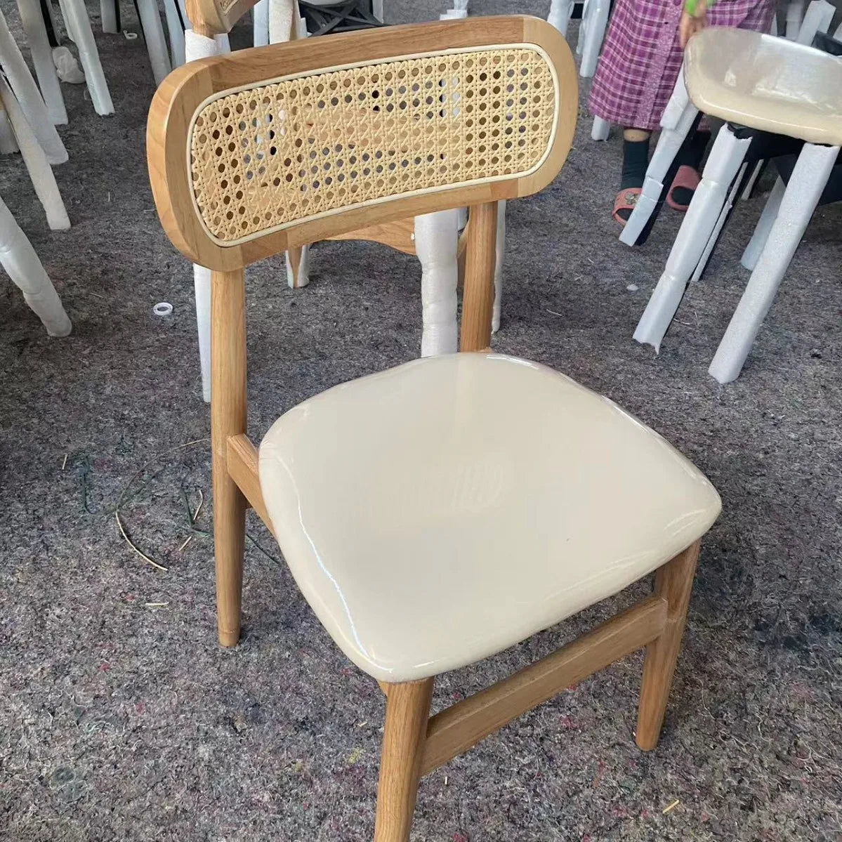 Solid wood dining table and chair backrest retro rattan French dining chair medieval casual home chair