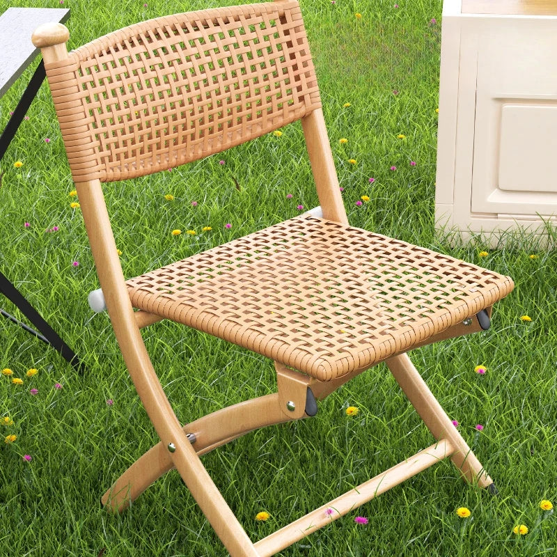 Foldable Rattan Chair Patio Armchair for Elderly, Portable Camping Stool with Back Support